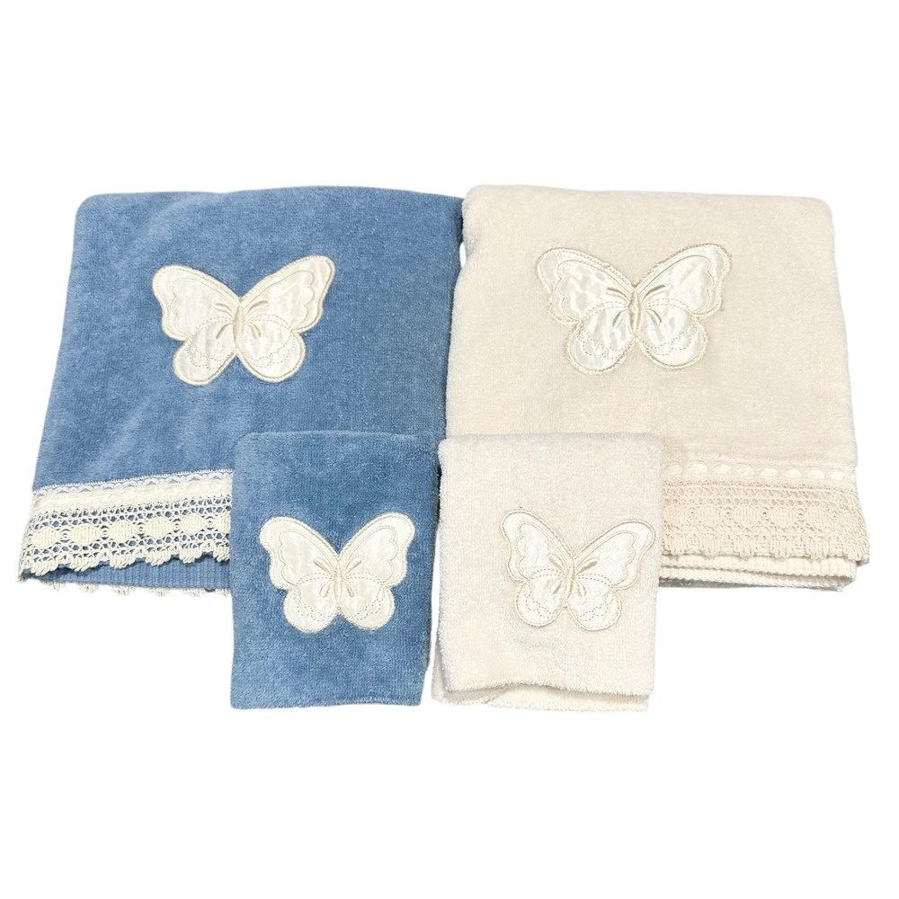 Vintage Saturday Knight Ltd Butterfly Towel Set Blue Cream Lace Trim 4pc USA